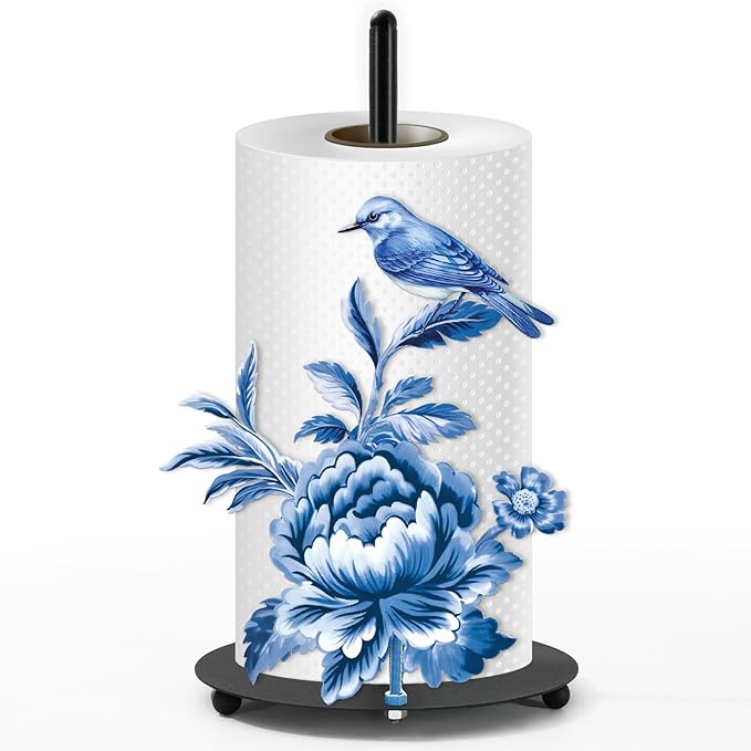 JarThenaAMCS Chinoiserie FreeStanding Paper Towel Holder Vintage Blue Floral Bird Kitchen Decor Accessories Large Metal Towel Holder Stand for Farmhouse Home Party Bathroom Countertop