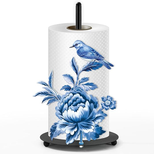 JarThenaAMCS Chinoiserie FreeStanding Paper Towel Holder Vintage Blue Floral Bird Kitchen Decor Accessories Large Metal Towel Holder Stand for Farmhouse Home Party Bathroom Countertop