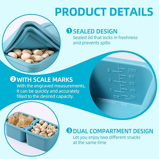2 Pack Silicone Snack Containers with Lids, 6.8 Oz Double Compartment Food Storage Containers for Picnic, School, Office, Travel Meal Prep and Kitchen Storage
