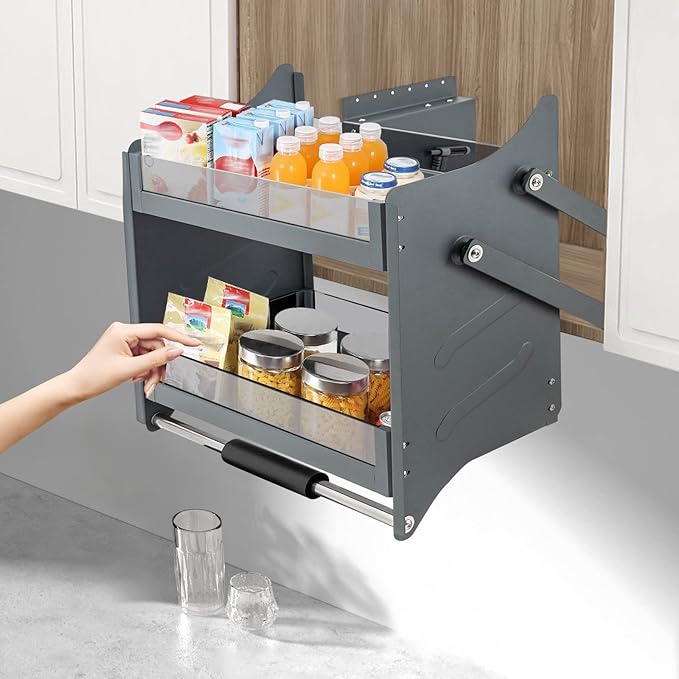 Pull Down Shelf Upper Kitchen Wall Cabinet Storage Organizer, Heavy Duty Pull-Out Cabinet Drop Down Sliding, Drop Down Shelf for Spices, Dishes (Pull Down)