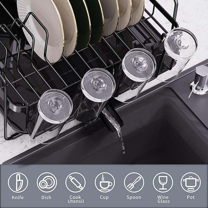 Runnatal Large Dish Drying Rack with Drainboard Set, Dish Rack, Extendable Dish Rack, Utensil Holder, Cup Holder, Expandable Dish Drainer for Kitchen Counter, 20.5"-27.6" L x 12.6" W