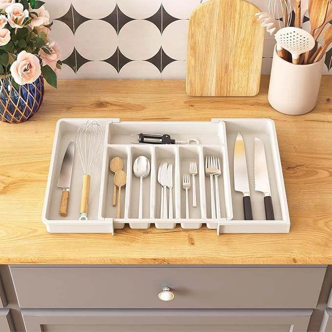 YWHWXB Silverware Drawer Organizer,Expandable Utensil Tray,Large Kitchen Drawer Organizer,Adjustable Plastic Flatware Organizer for Flatware Cutlery Spoon Knives Drawer Storage Organization (White)