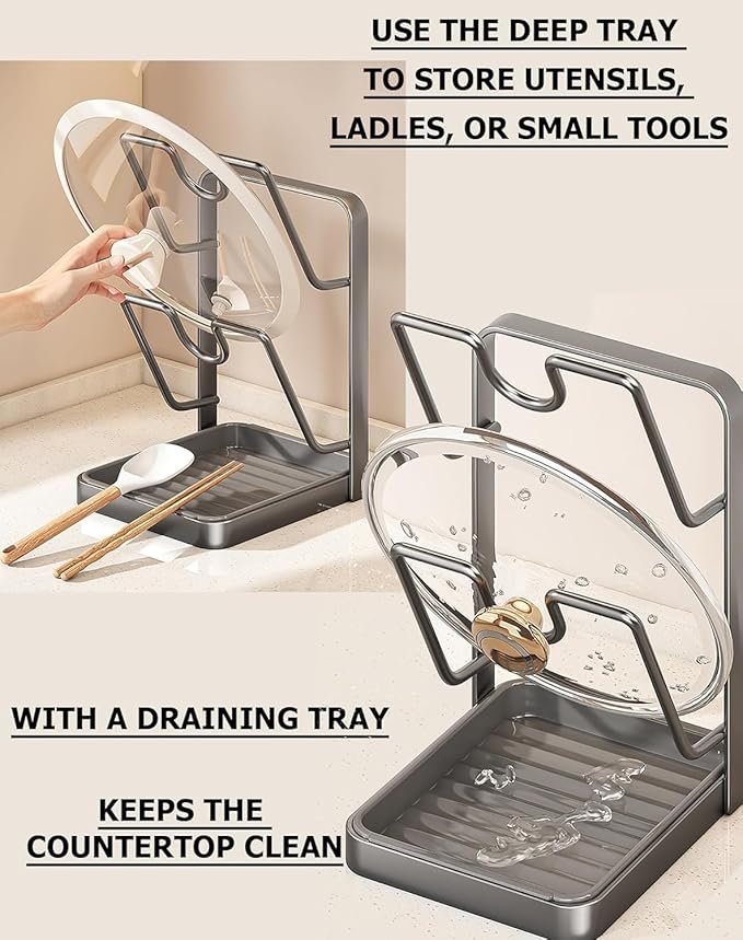 Kitchen Pot Lid Storage Rack, Lid Holder While Cooking, 2026 New Multifunctional Kitchen Organizer Stand For Stove Top, 304 Stainless Steel Pot Lid Holder With Tray (Single-layer)