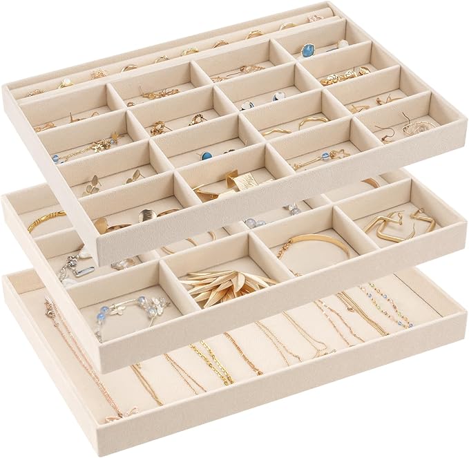 ProCase Stackable Large Jewelry Drawer Organizer, 3 Pack Velvet Jewelry Organizer Tray with Removable Dividers for Earring Necklace Bracelet -Beige