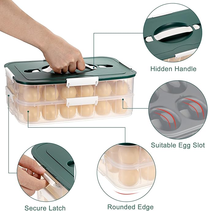 BTSKY Deviled Egg Platter with Lid, 2-Layer 36 Slots Deviled Eggs Carrier, Clear Portable Eggs Holder for Fridge Reusable Deviled Egg Tray Carton Box for Easter and Party Favor (2-Layer, Green)