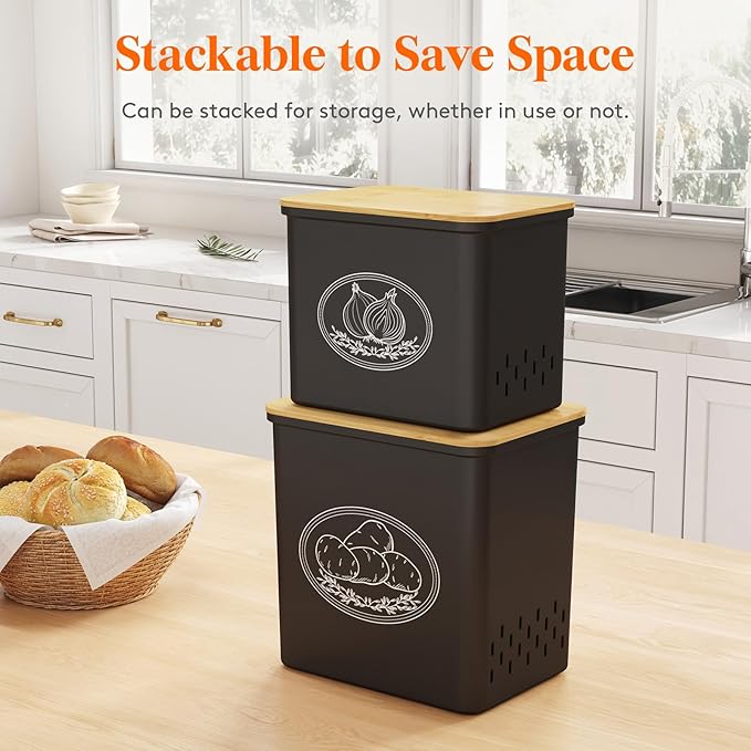Lifewit Potato and Onion Storage Bin, Stackable Garlic Keeper with Aerating Holes and Lid, Plastic Vegetable Container Box for Pantry Countertop, Black, 24 x 18 x 24 cm/9.5 x 7 x 9.5 inch, Set of 2