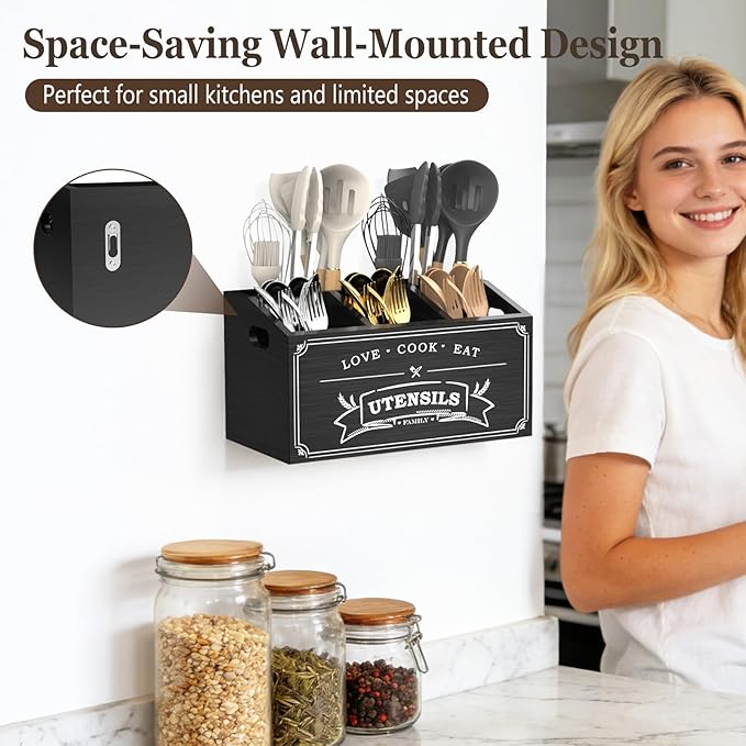 Large Kitchen Utensil Holder with 5 Compartments, Wooden Cooking Utensil Holder for Countertop or Wall Mount, Rustic Farmhouse Utensil Caddy for Silverware, Forks, Spoons, and Spatulas (Black)