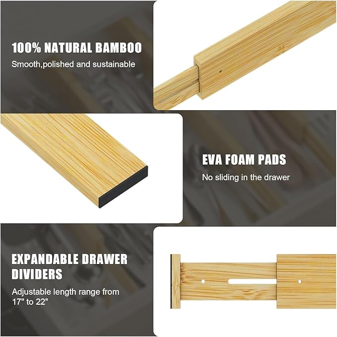 Bamboo Drawer Dividers – Adjustable length from 14 inches to 19.1 inches, spring-loaded expandable storage dividers, suitable for kitchens, bedrooms, offices, and bathrooms. Please(6 partition boards)
