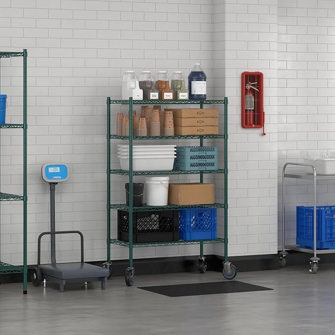 Commercial NSF Listed Green Epoxy Mobile Wire Shelving Kit 18" x 36" x 60", with 5 Shelves Perfect for Warehouse, Walk-in Refrigerator, Freezer, Grocery Store, Restaurant, Dishroom