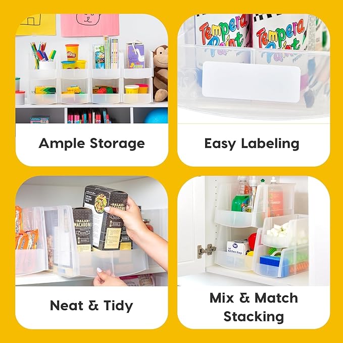 IRIS USA Plastic Stackable Clear Storage Bins, Open Front Fridge Pantry Kitchen Closet Cabinet Organizer Caddy Basket for Organizing Snack, Food, Cans, and Bathroom Essentials - Medium 8 Pack