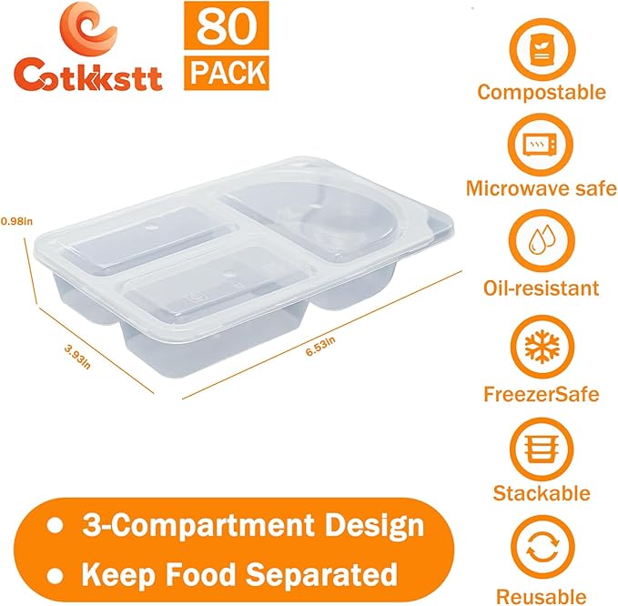 80 Pack Reusable Snack Containers with Lids, 3-Compartment Plastic Condiment Containers, BPA-Free, Small Snack Pack Containers, Dipping Cups for Work, Travel, Picnic