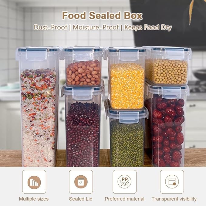 7 Pcs Airtight Food Storage Containers with Lids, Stackable Design Kitchen Canister Set for Cereal Snack Noodle Nut Pasta Flour Rice