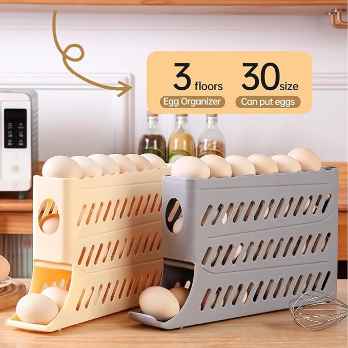 2026 New Egg Holder for Fridge, Automatic Rolling 2-Tier Large Capacity Egg Dispenser for Refrigerator, Space Saving 30 Eggs Storage Organizer for Kitchen Countertop & Cabinet (White)