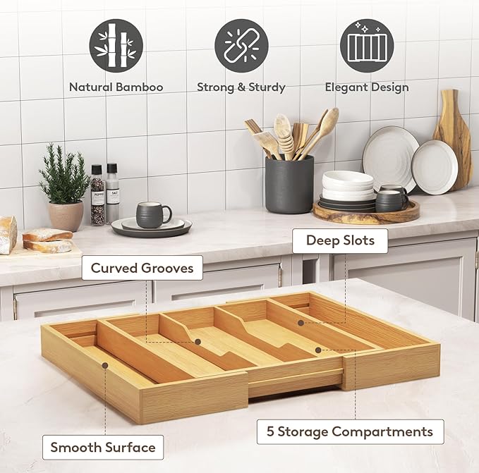 Lifewit Utensil Organizer for Kitchen Drawer, Expandable 13 to 22.4 Inches Wide, Adjustable Cooking Silverware Tray, Bamboo Cutlery Flatware Holder, Spatula Tools and Gadgets Storage Divider, Natural
