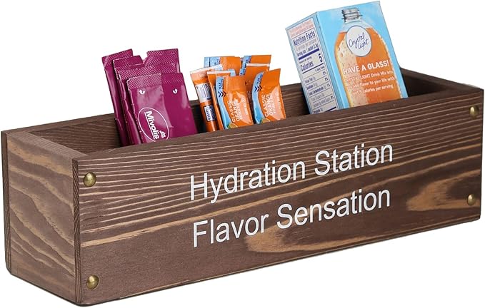 GoFika Water Packet Organizer | Drink Mix Holder | Hydration Station | 5 Slots Wood Caddy Brown