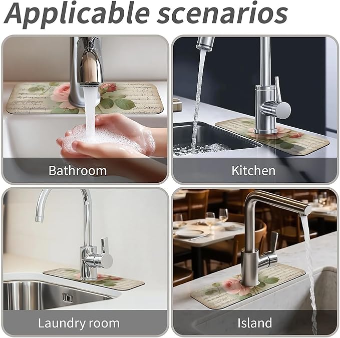 Kitchen Sink Splash Guard，Notes and pink roses Faucet Mat Sink Gadgets-Super Absorbent Fast Drying Mat Drip Catcher for Kitchen, Bathroom,Sink Mat, Dish Drying Mat, Bathroom(15" X 5.5" )