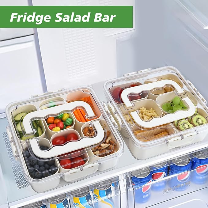 Divided Serving Tray with Lid and Handle, Portable Snack Box Container, 6 Compartments Veggie Fruit Snackle Tray,Charcuterie Box Container for Party, Travel, Entertaining,Picnic, MEDIUM SIZE
