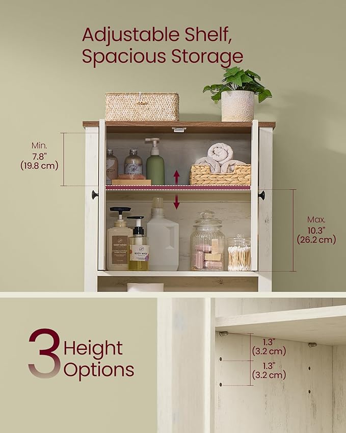 VASAGLE LIRY Collection - Over-The-Toilet Storage Cabinet, 60.8 cm Wide Farmhouse Bathroom Organizer, with Barn Doors, Adjustable Shelf, Space-Saving, Rustic White UBTS026W01