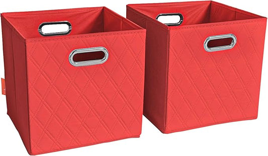 FH Group JIAessentials 11" Faux Leather Foldable Storage Cube Bins Set of 2 – Red Diamond Patterned Organizers with Handles for Closet & Shelves