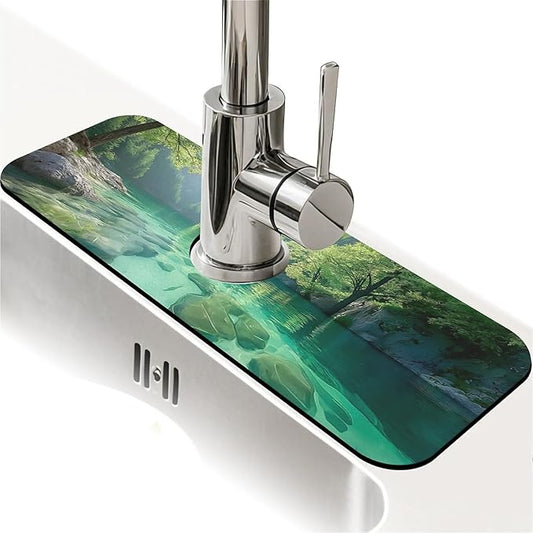 Kitchen Sink Splash Guard，natural scenery Faucet Mat Sink Gadgets-Super Absorbent Fast Drying Mat Drip Catcher for Kitchen, Bathroom,Sink Mat, Dish Drying Mat, Bathroom(15" X 5.5" )