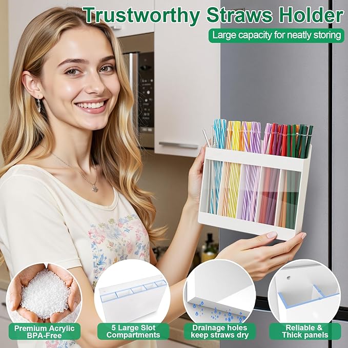 Straw Holder for Cabinet Door, Adhesive & Magnetic Straw Organizer with Clear Front, Slim Cabinet Straws Storage for Kitchen Pantry Cupboard Tumbler Accessories Inside Cabinetdoor Straws Dispenser