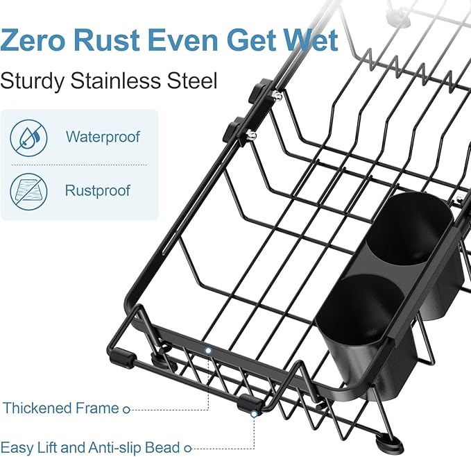 iSPECLE Small Sink Dish Drying Rack with Silicone Mat, Expandable Compact Rust Resistant Dish Drainer for RV Apartment Kitchen, Dish Rack with Tightening Knob, 9" W x 12"-16.8" L, Black