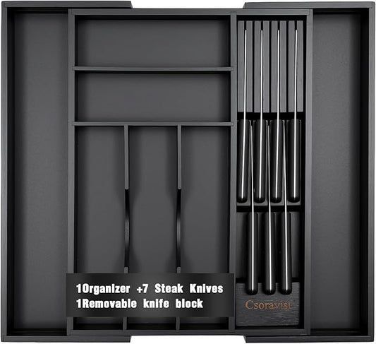 9-Piece Bamboo Kitchen Drawer Organizer Set, Expandable Silverware &Utensil Organizer with Removable Knife Block & Steak Knives, Flatware Organization, Tableware Dividers Storage(Black)