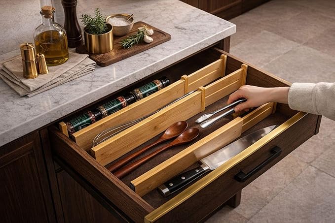 Bamboo Adjustable Drawer Divider, Expandable Drawer Organizer Insert, Non Slip Kitchen Utensil Closet Storage Separator (Natural)