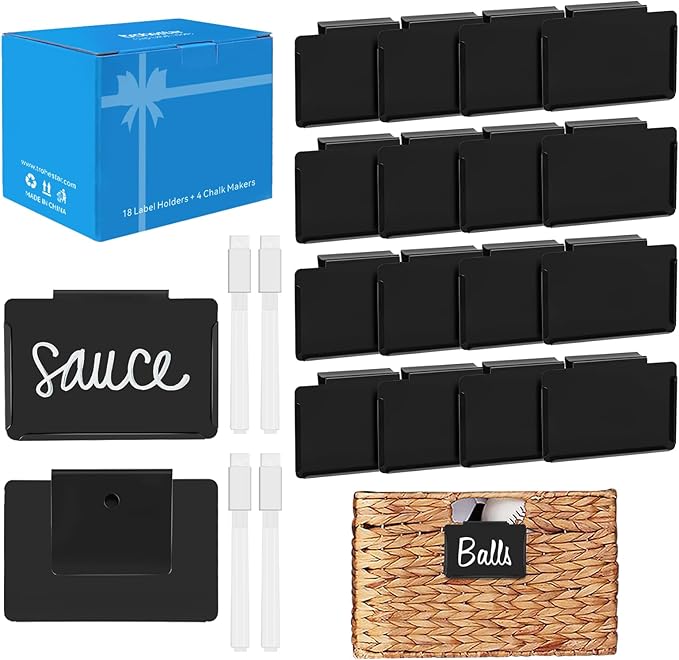 trohestar Metal Pantry Baskets Labels Clip On for Storage Bins | Edge Fold-Cream (Edge Fold-Black, 18 Metal Label Clip)