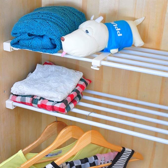 Adjustable Shelf Organizer Expandable Closet Shelf and Rod with No Drilling for Wardrobe Cupboard Kitchen Bookcase (18.2" - 29.5")