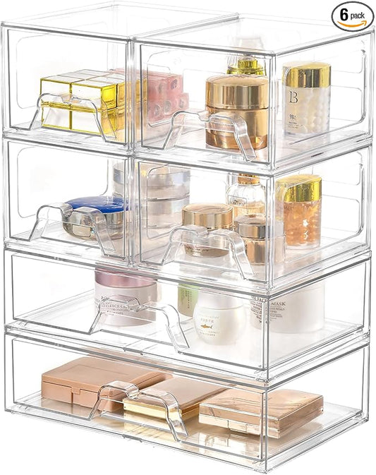 6 Pack Stackable Storage Drawers Clear Acrylic Organizer Makeup Bathroom Organizer and Storage Bins for Beauty Supplies,Ideal for Vanity, Bathroom,Pantry Organization