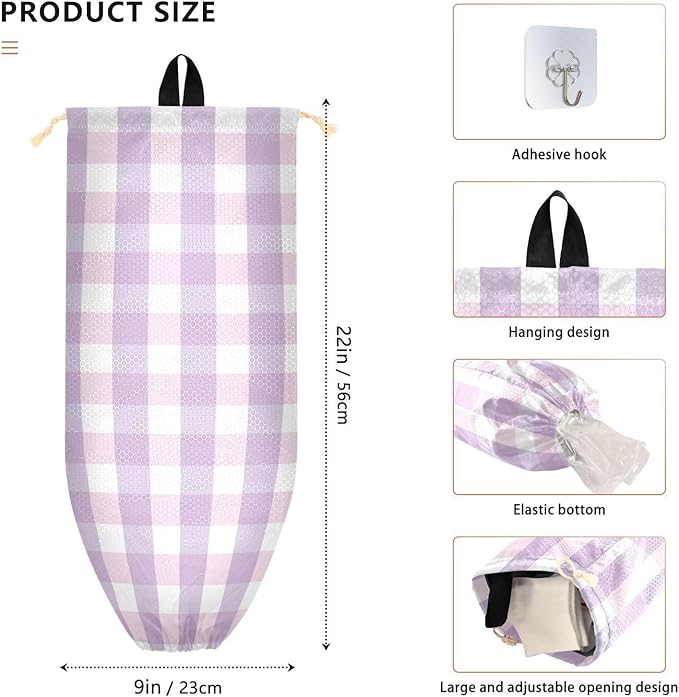 Plastic Bag Holder Wall Mount Grocery Bag Shopping Bag Storage Holder Organizer Dispenser with Adhesive Hook,for Kitchen Bathroom Home Decor 9x22inches Purple Plaid Pattern