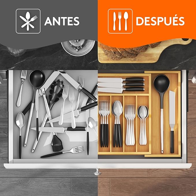 Lifewit Silverware Drawer Organizer, Expandable Utensil Tray for Kitchen, Bamboo Flatware and Cutlery Holder, Wood Adjustable Storage for Spoons Forks Knives, 13-22x15"/ 33 -56x38cm, Natural