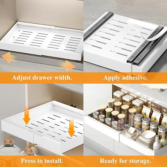 Pull Out Cabinet Organizer, Expandable Slide out Drawers With Adhesive Nano Film, Pantry Shelves Sliding Drawer Adjustable 12.8’’-20.8’’ for Kitchen Cabinets, Pantry, Bathroom Storage 1PC
