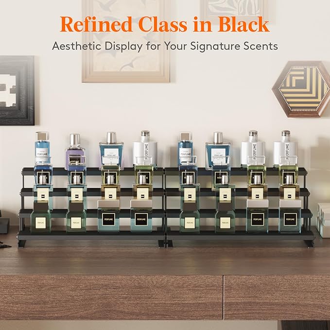 Lifewit Cologne Organizer for Men, Wooden Perfume Stand, 4 Tier Display Riser for Fragrance, Aftershave, Skincare Makeup for Vanity, Bedroom, Bathroom Storage, Black, 1 Pcs, 35 cm/14"