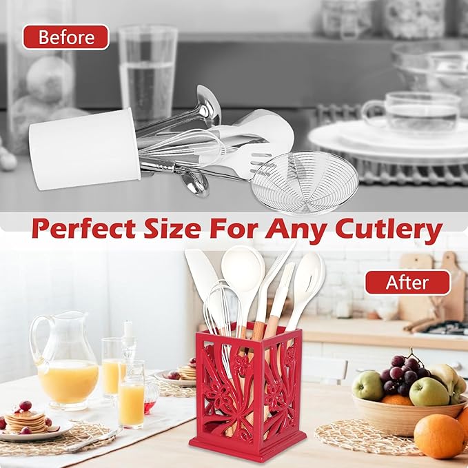 Utensil Holder, Cast Iron Kitchen Utensil Crock for Countertop, Extra Large Utensil Organizer with Weighted-Base, Housewarming Vintage Decor, Classic Style, Red