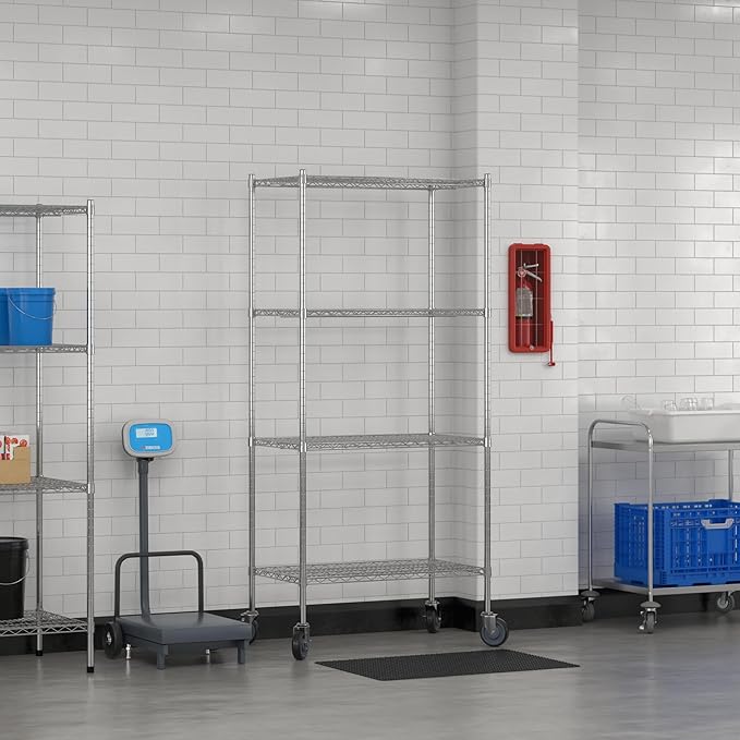 Commercial NSF Listed Chrome Mobile Wire Shelving Kit 21" x 36" x 80", with 4 Shelves Perfect for Warehouse, Walk-in Refrigerator, Freezer, Grocery Store, Restaurant, Dishroom