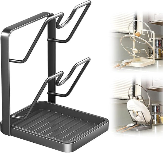 Kitchen Pot Lid Storage Rack, Pot-Lid Cutting Board Holder With Removable Drip Tray, Space-Saving Kitchen Pot Cover Organizer Stand for Countertop (Black Double-layer)
