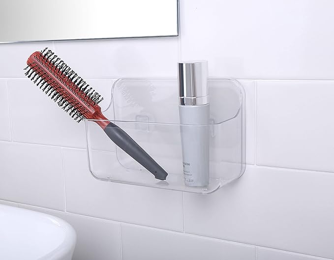 No-Drill Wall Organizer Bin – Clear Removable Adhesive Storage Box with Drain Holes, PET Plastic, Ideal for Small Items in Kitchen, Bathroom, Cabinet Door – Sandra Series
