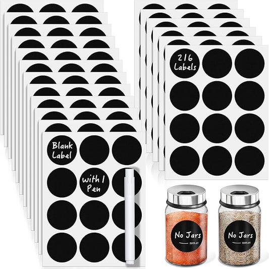 Segarty Chalkboard Labels, 216 Pcs Blank Circle Labels with 1 White Chalk Marker for Spice Jars, Waterproof Black Label Stickers for Food Containers, Glass Mason, Bottle, Kitchen Organization