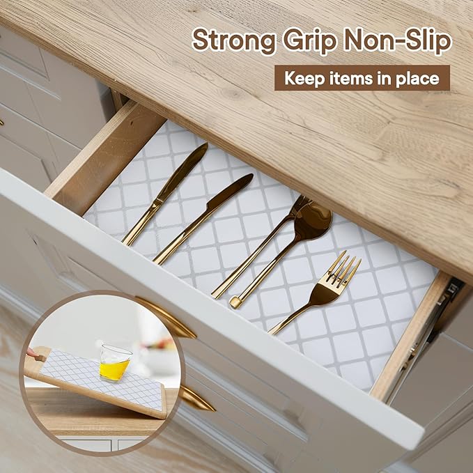 Shinlendid Shelf and Drawer Liner for Kitchen Cabinets Non-Adhesive, Strong Grip Non-Slip Thickened Cabinet Liners for Shelves, Waterproof Mats for Dresser Cupboard, Silver Stripe, 24 in x 20 Feet
