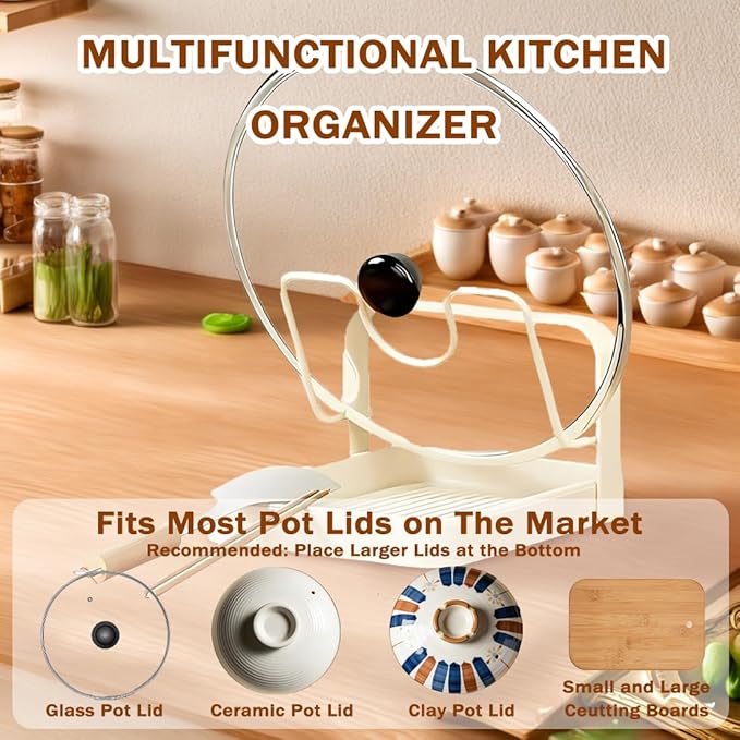 Kitchen Pot Lid Storage Rack, Pot Lid Holder for Countertop, Rust-Resistant Steel Lid Holder While Cooking, Multifunctional Spoon Rest with Removable Drip Tray (Beige, Double-layer)