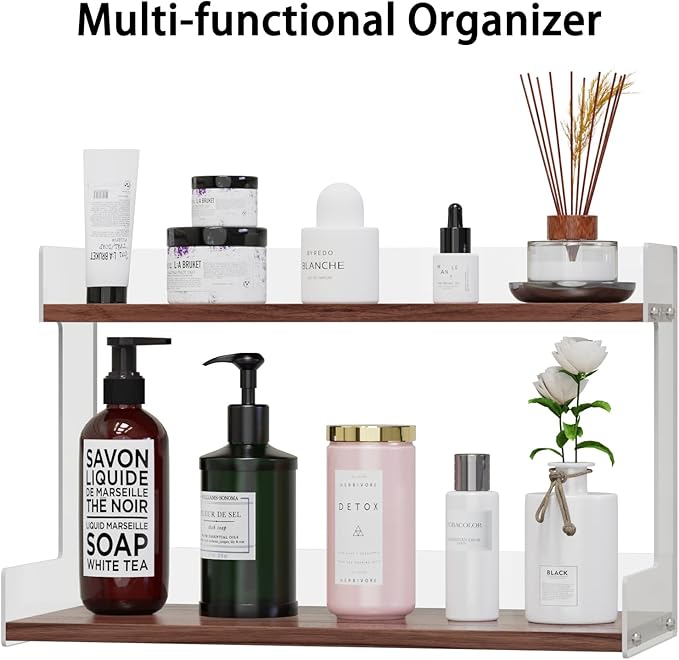 Mug Holder Countertop Coffee Station Organizer, 2 Tier Acrylic Shelf for Coffee Bar Accessories, Multi-Functional Counter Standing Shelf Tea Bags Sugar Condiment Storage Caddy for Kitchen Home Office