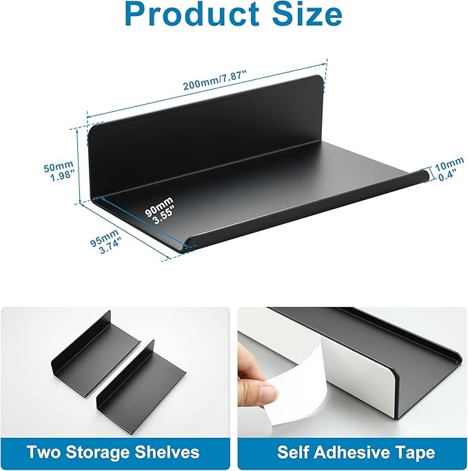 SAYAYO Black Floating Shelves for Wall Storage, 8 Inch Adhesive Wall Shelves for Bedroom Decor, Small Display Bathroom Shelf Organizer for Kitchen, Living Room, Office, 2pcs