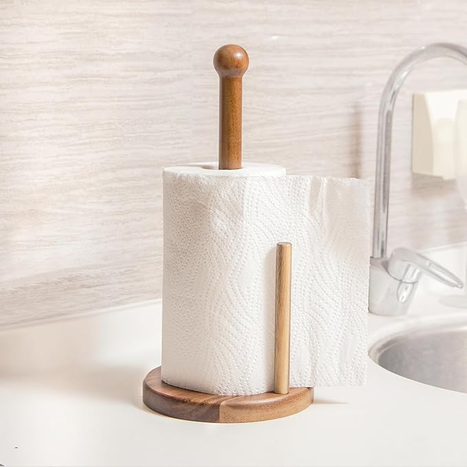 14" Acacia Wooden Paper Towel Holder, 6.7" Large Heavy Base Wooden Kitchen Towel Roll Stand Organizer Free Standing, Rustic Farmhouse Paper Towel Holder Stand, Standing Paper Towel Roll Holders