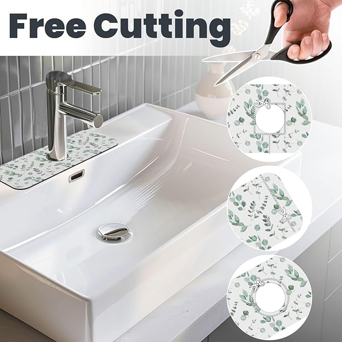 Watercolor Sage Green Grass Leaves Kitchen Sink Splash Guard Faucet Mat Super Absorbent Fast Drying Mat Sink Gadgets-Fast Drying Pad Sink Mat For Kitchen Bathroom (15" X 5.5" )