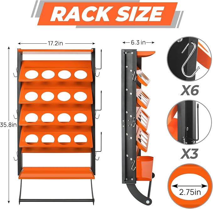4-Tier Spray Paint Can Holder Rack Wall-Mount, Heavy Duty Spray Bottle Lube Can Organizer, 16 Can Storage Rack with Paper Towel Rod, Ideal for Garage/Workshop/Home,Orange