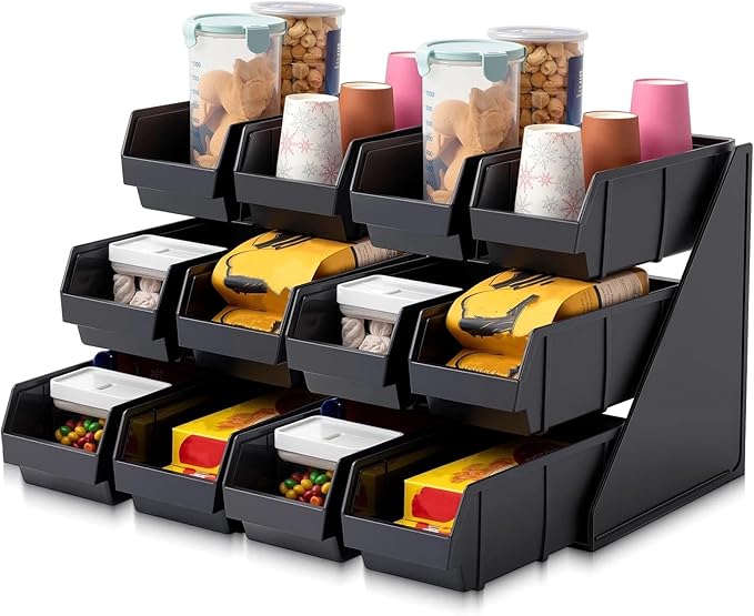 Novabright 3 Tier 6 Compartment Serve Condiment Bin Self Serve Condiment Bin Stand Countertop Plastic Containers Storage Display Rack for Coffee Shops Restaurants Bars (19.7" D X 22" W X 13.8" H)
