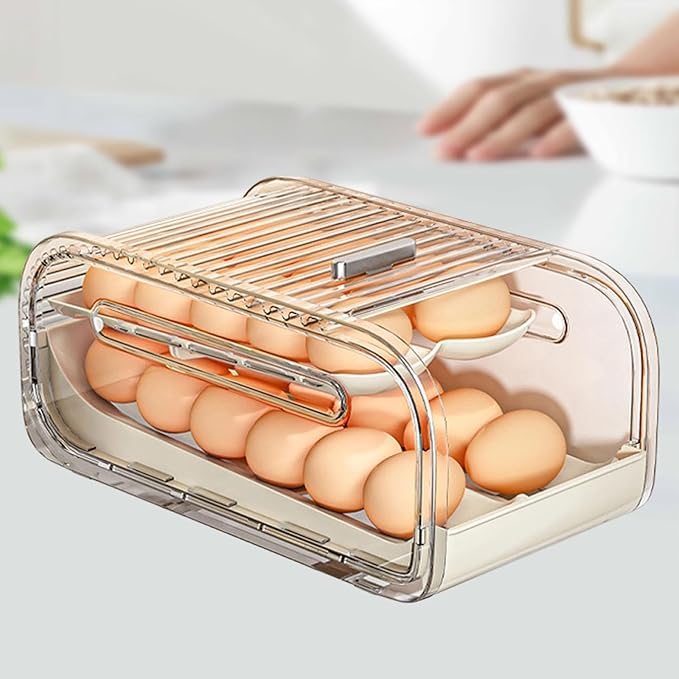 KiBcsLic Egg Holder for Fridge Egg Storage Box Auto Rolling Reusable Double Layer Clear Storage Bin for Cabinet Kitchen Cupboard Home