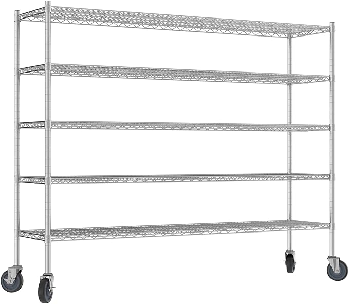 Commercial NSF Listed Chrome Mobile Wire Shelving Kit 18" x 72" x 60", with 5 Shelves Perfect for Warehouse, Walk-in Refrigerator, Freezer, Grocery Store, Restaurant, Dishroom